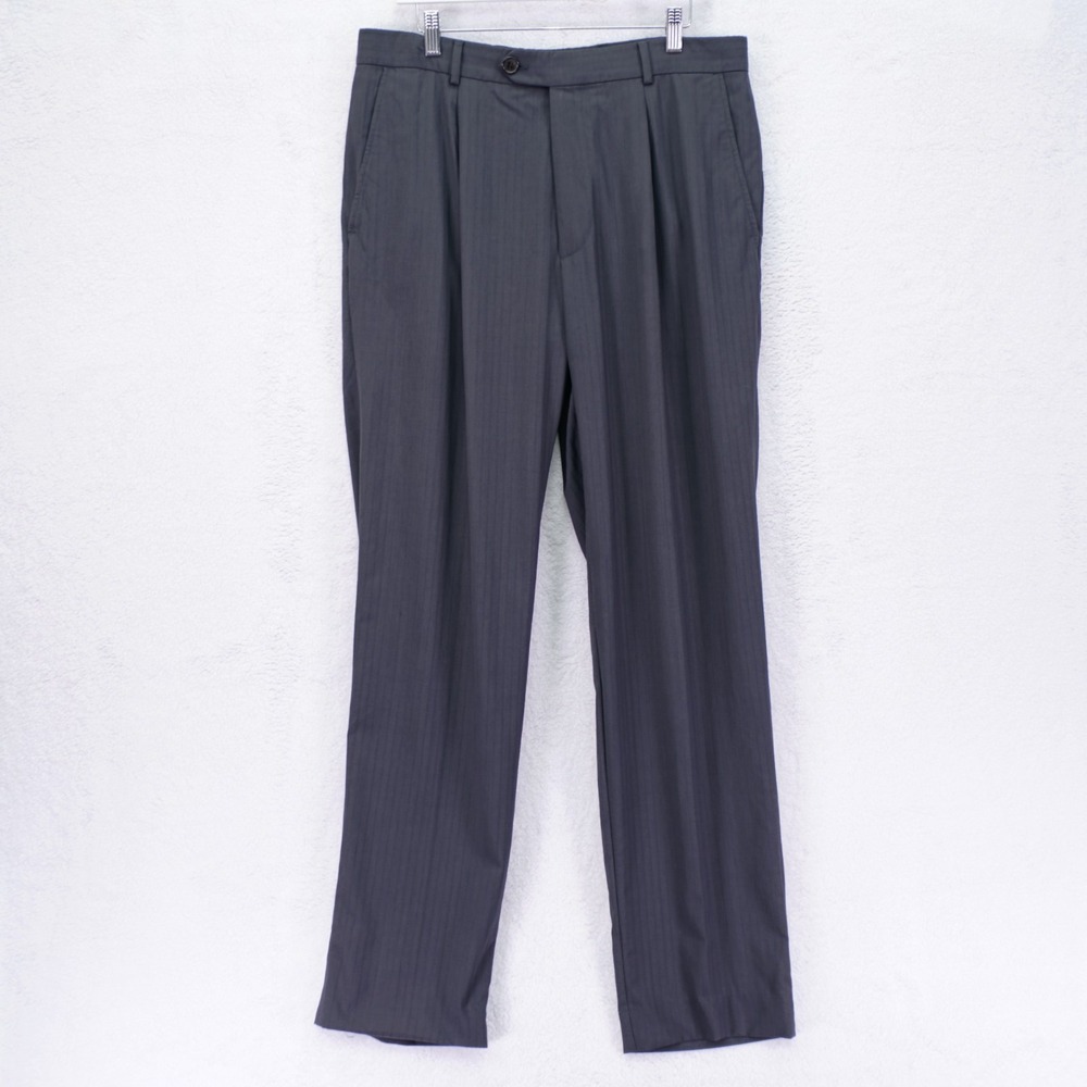Hugo Boss Gray Striped Textured Wool Dress Pants Trousers 35 / 34 Pleated Mid Ri